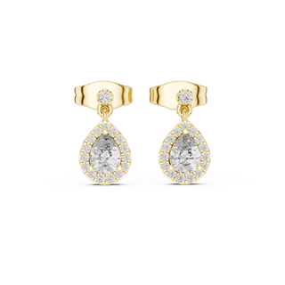 Front view of pear halo diamond drop earrings in yellow gold.