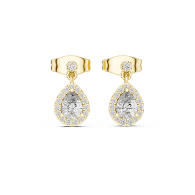 Front view of pear halo diamond drop earrings in yellow gold.