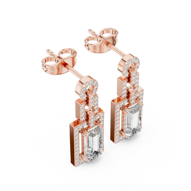 Side profile of rose gold geometric diamond drop earrings.