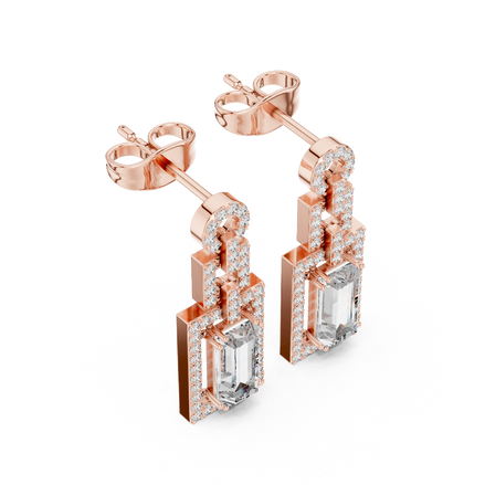 Side profile of rose gold geometric diamond drop earrings.