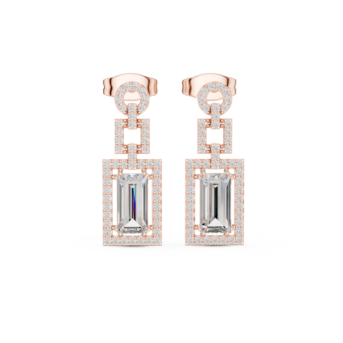 Baguette cut halo lab grown diamond drop earrings in gold by Signora Jewels