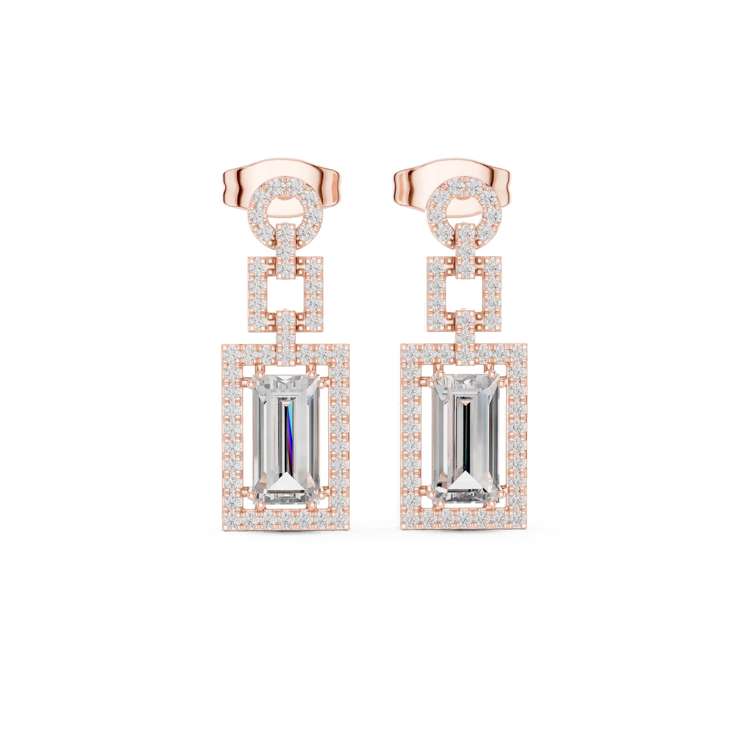 Baguette cut halo lab grown diamond drop earrings in gold by Signora Jewels