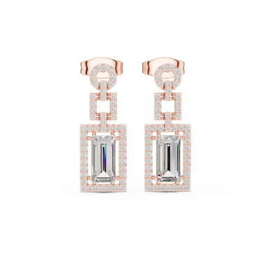 Baguette cut halo lab grown diamond drop earrings in gold by Signora Jewels