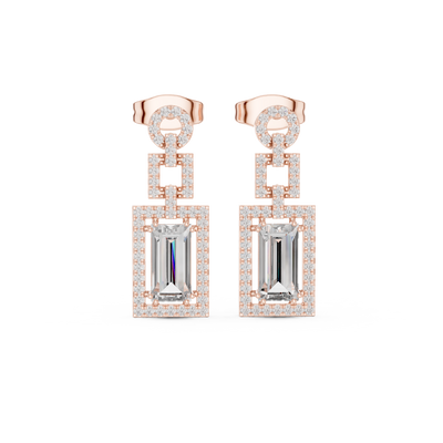 Baguette cut halo lab grown diamond drop earrings in gold by Signora Jewels