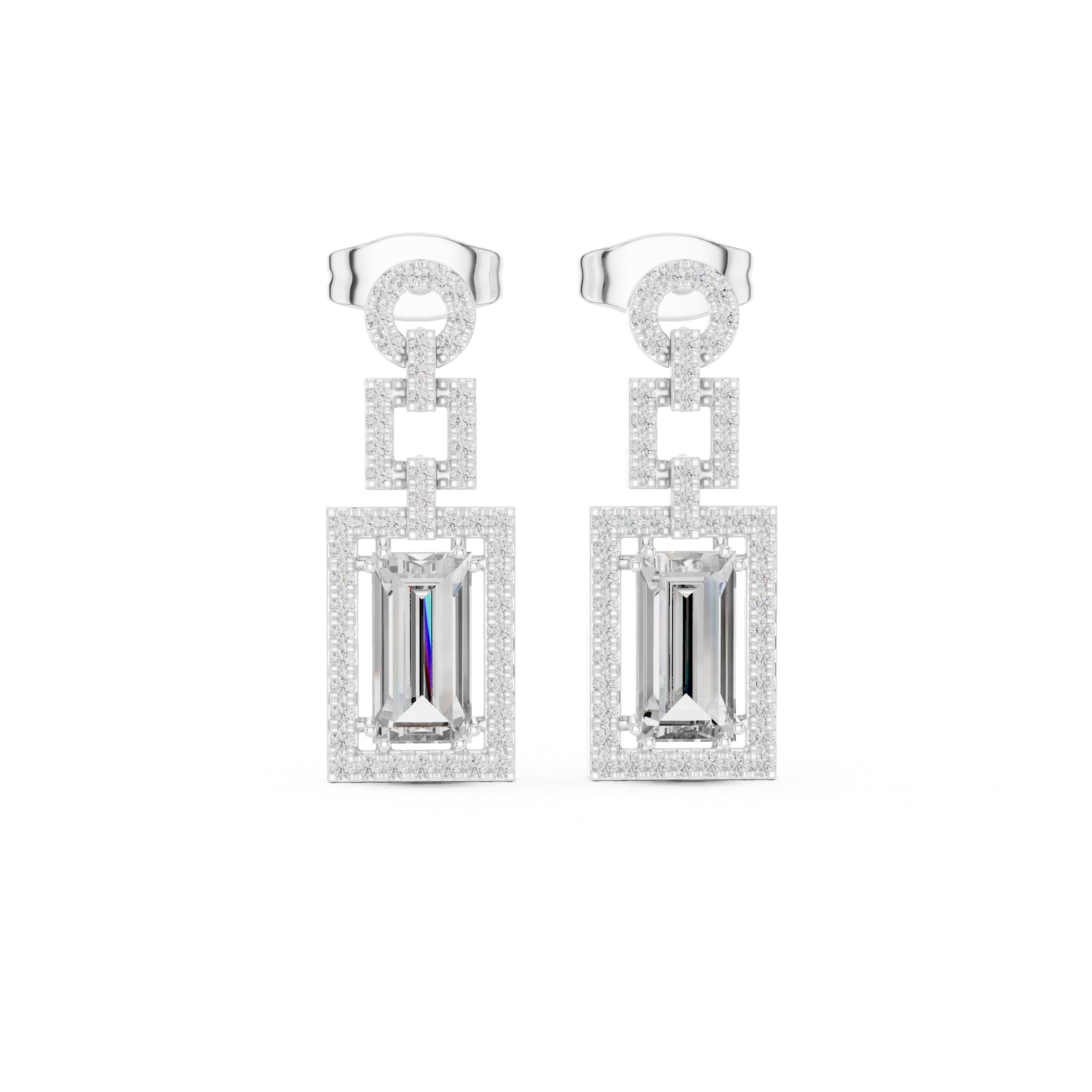 Baguette cut halo lab grown diamond drop earrings in gold by Signora Jewels