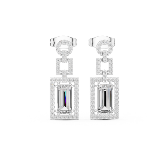 Baguette cut halo lab grown diamond drop earrings in gold by Signora Jewels