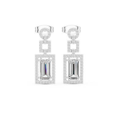 Baguette cut halo lab grown diamond drop earrings in gold by Signora Jewels