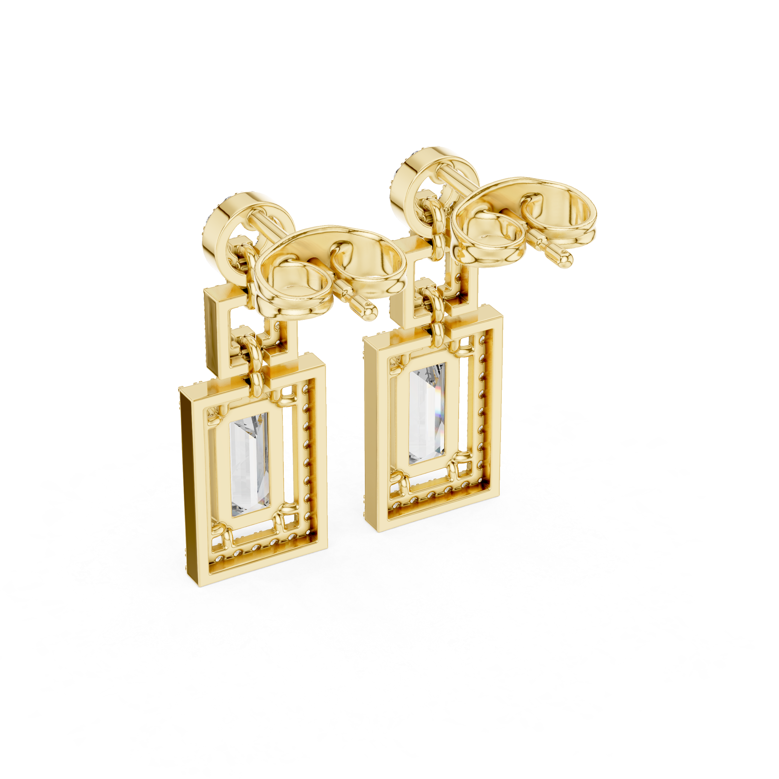 Baguette cut halo lab grown diamond drop earrings in gold by Signora Jewels