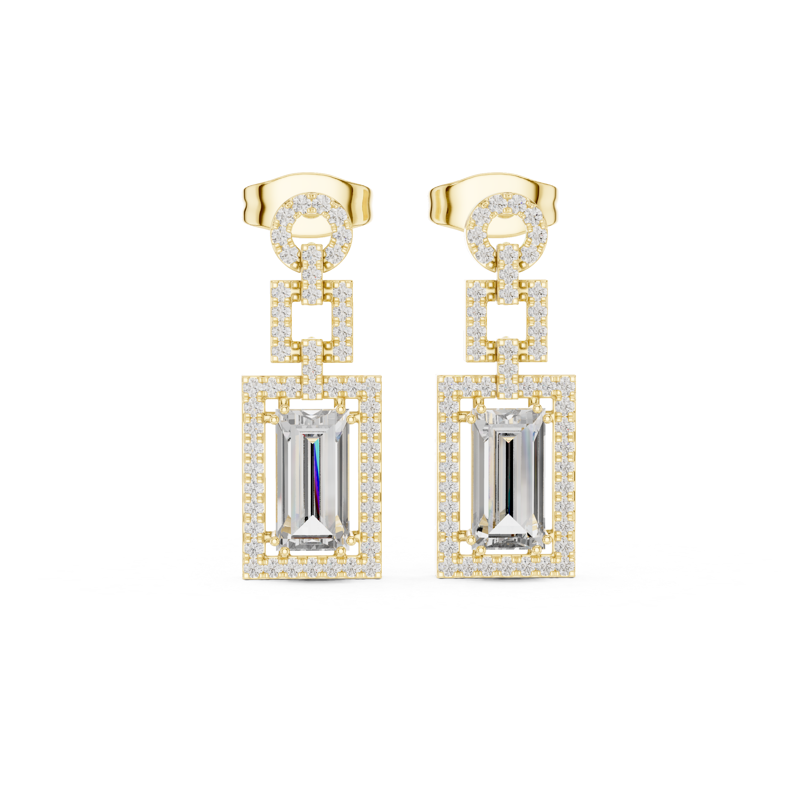 Baguette cut halo lab grown diamond drop earrings in gold by Signora Jewels