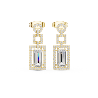 Front view of Luxe Structure diamond drop earrings in yellow gold.