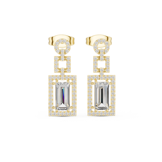 Front view of Luxe Structure diamond drop earrings in yellow gold.