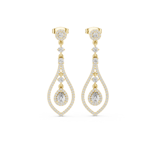 Front view of celestial teardrop diamond drop earrings in yellow gold.