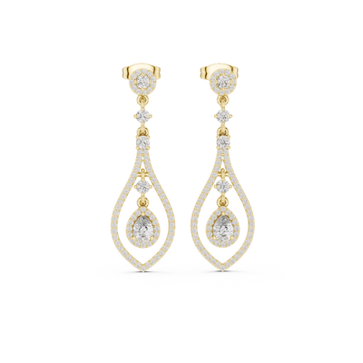 Front view of celestial teardrop diamond drop earrings in yellow gold.