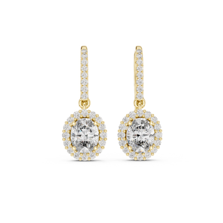 Front view of radiant emerald halo diamond drop earrings in yellow gold.