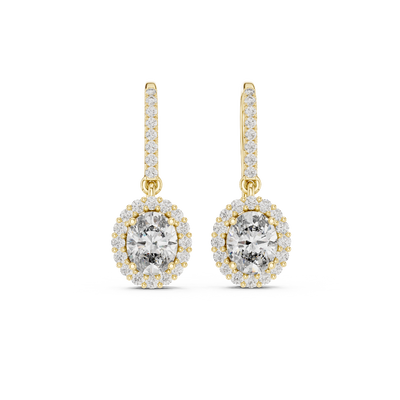 Front view of radiant emerald halo diamond drop earrings in yellow gold.