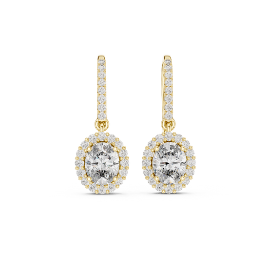 Front view of radiant emerald halo diamond drop earrings in yellow gold.