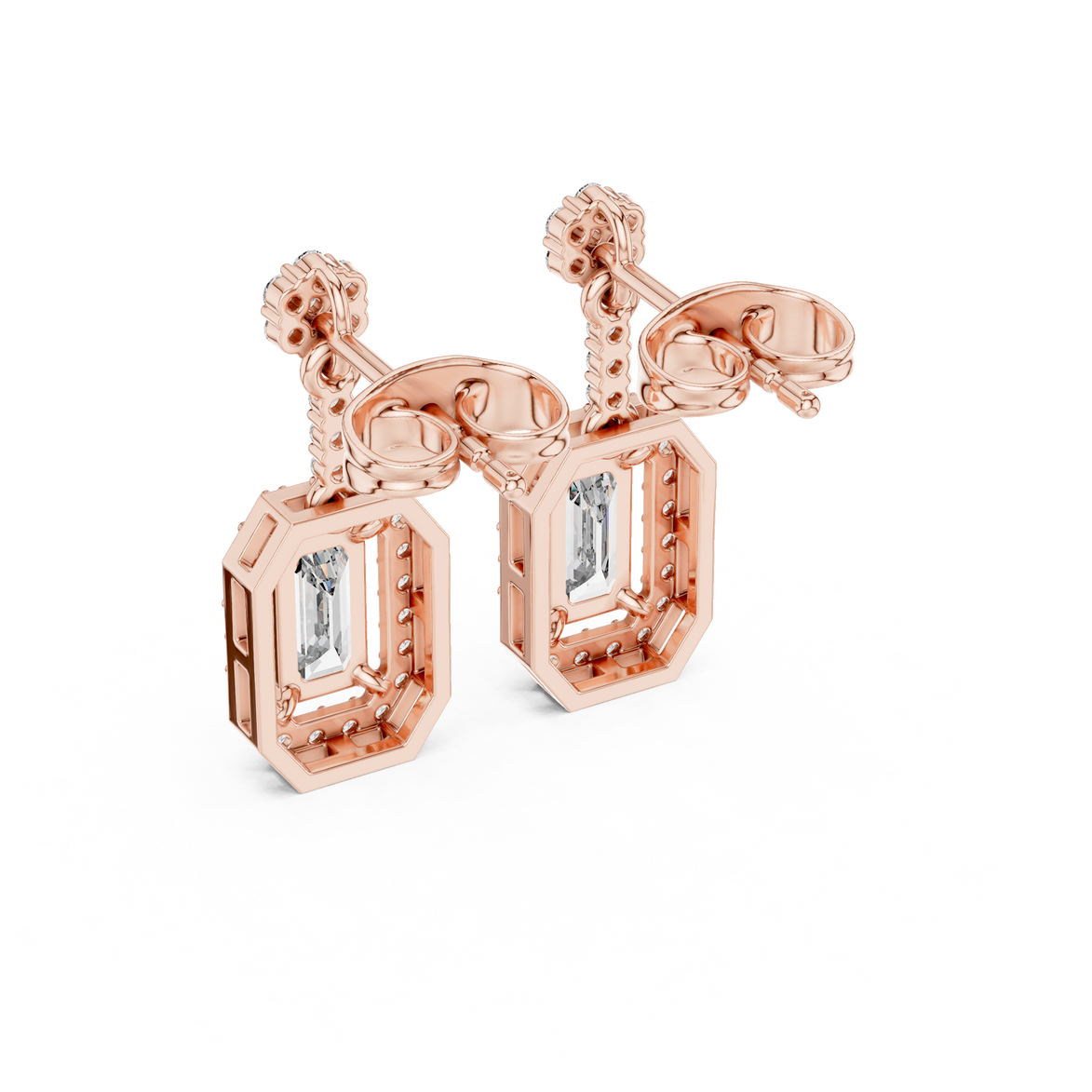 Oval halo lab grown diamond geometric drop earrings in gold by Signora Jewels