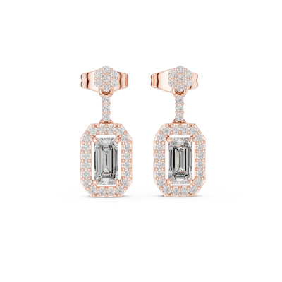 Oval halo lab grown diamond geometric drop earrings in gold by Signora Jewels