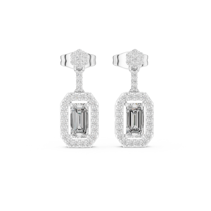Oval halo lab grown diamond geometric drop earrings in gold by Signora Jewels