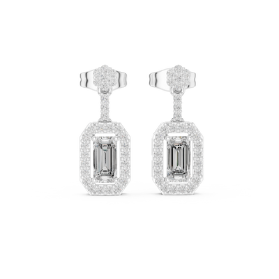 Oval halo lab grown diamond geometric drop earrings in gold by Signora Jewels