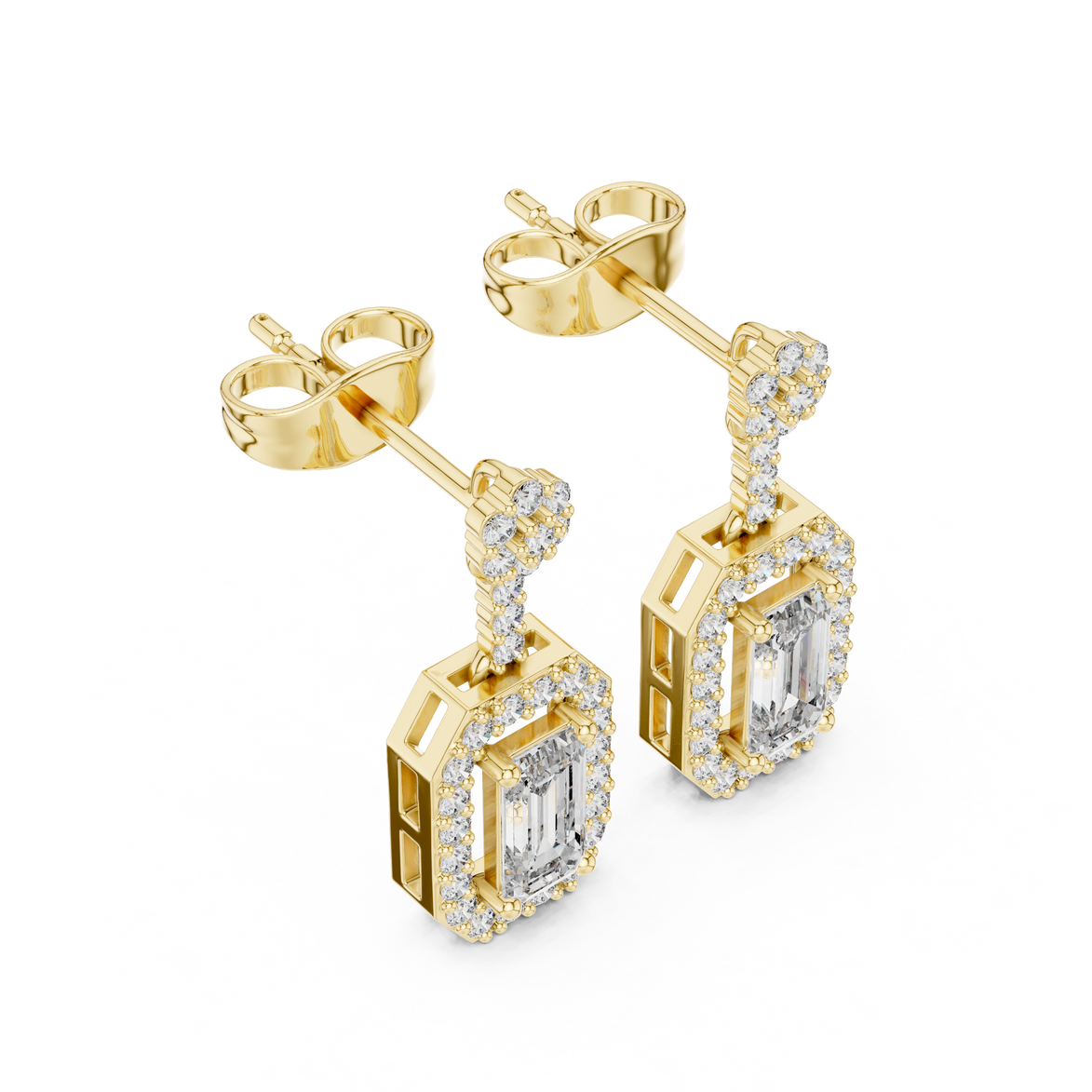 Oval halo lab grown diamond geometric drop earrings in gold by Signora Jewels