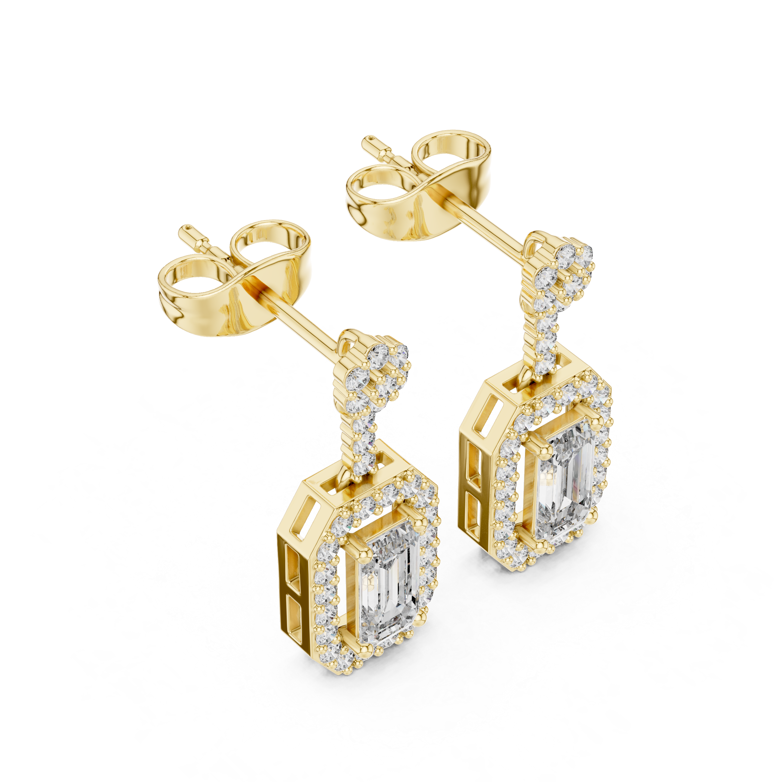 Oval halo lab grown diamond geometric drop earrings in gold by Signora Jewels