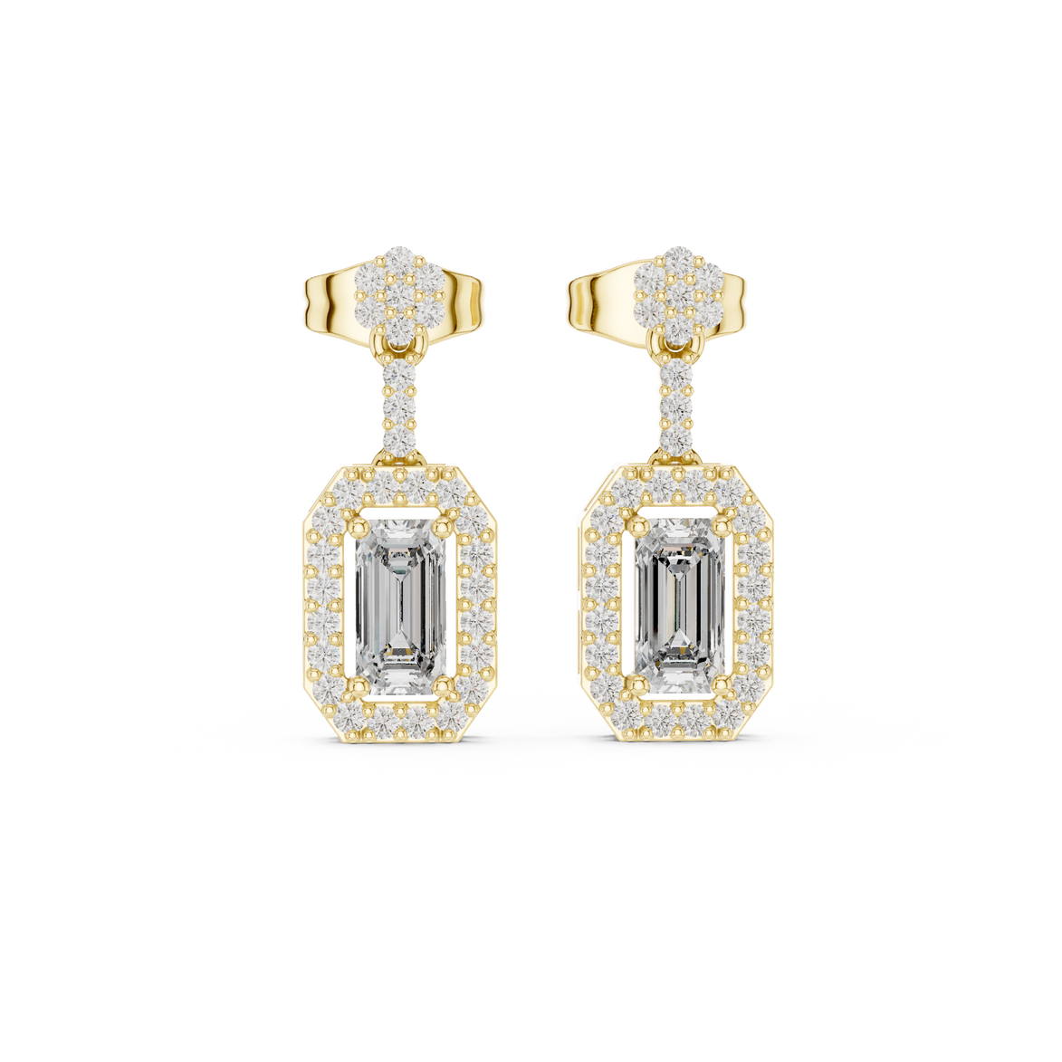 Oval halo lab grown diamond geometric drop earrings in gold by Signora Jewels
