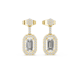 Front view of radiant emerald halo diamond drop earrings in yellow gold.