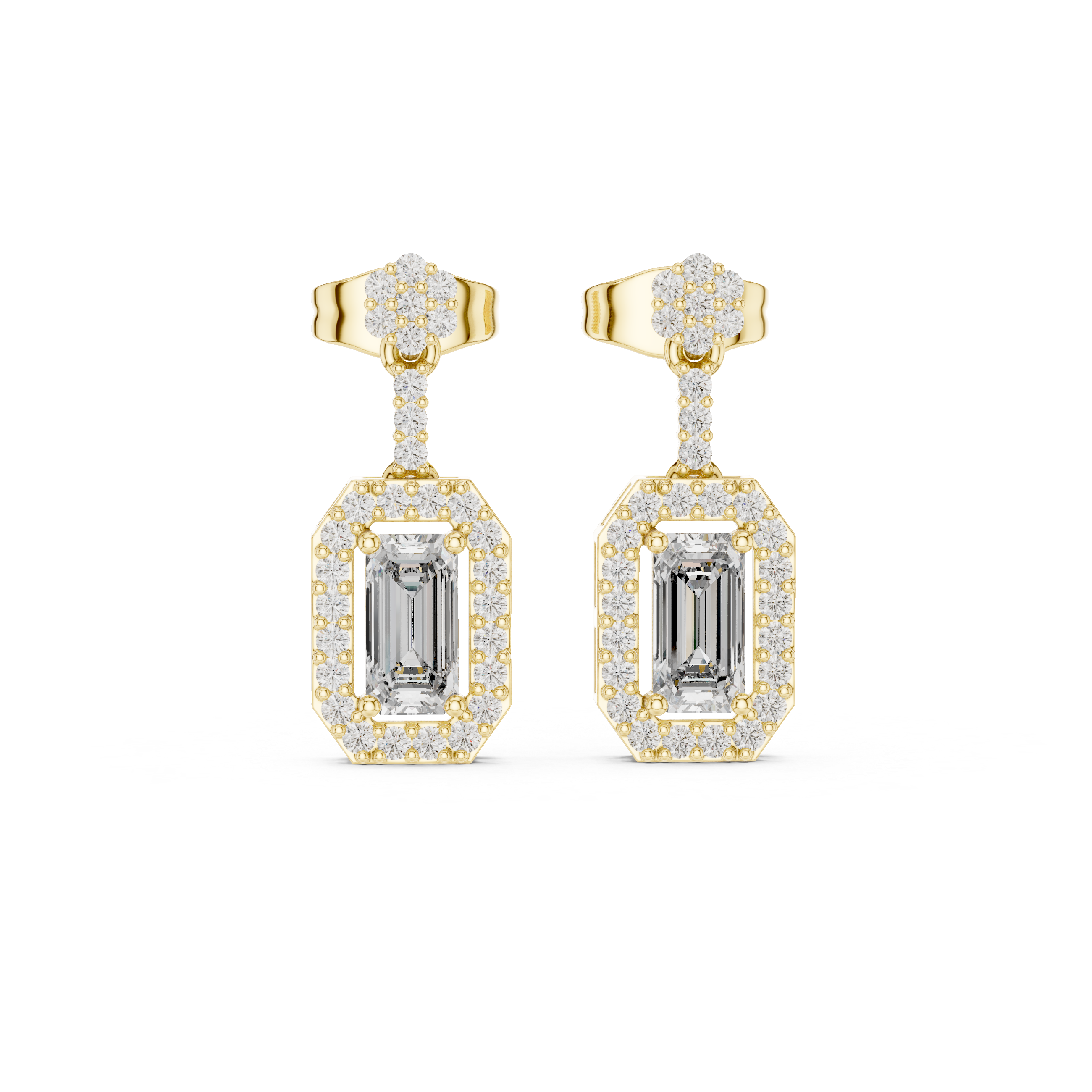 Oval halo lab grown diamond geometric drop earrings in gold by Signora Jewels