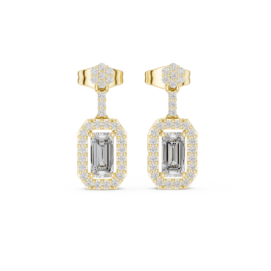 Front view of radiant emerald halo diamond drop earrings in yellow gold.