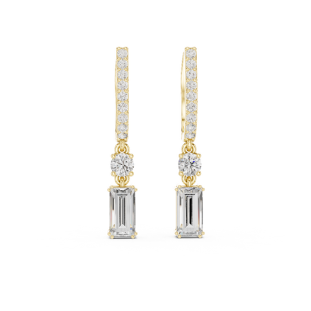 Front view of emerald grace diamond drop earrings in yellow gold.