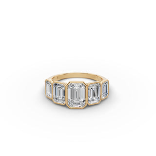 4.3 ct Emerald Lab Grown Diamond Five Stone Ring in yellow gold, front view