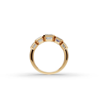 4.3 ct Emerald Lab Grown Diamond Five Stone Ring in yellow gold, view 2