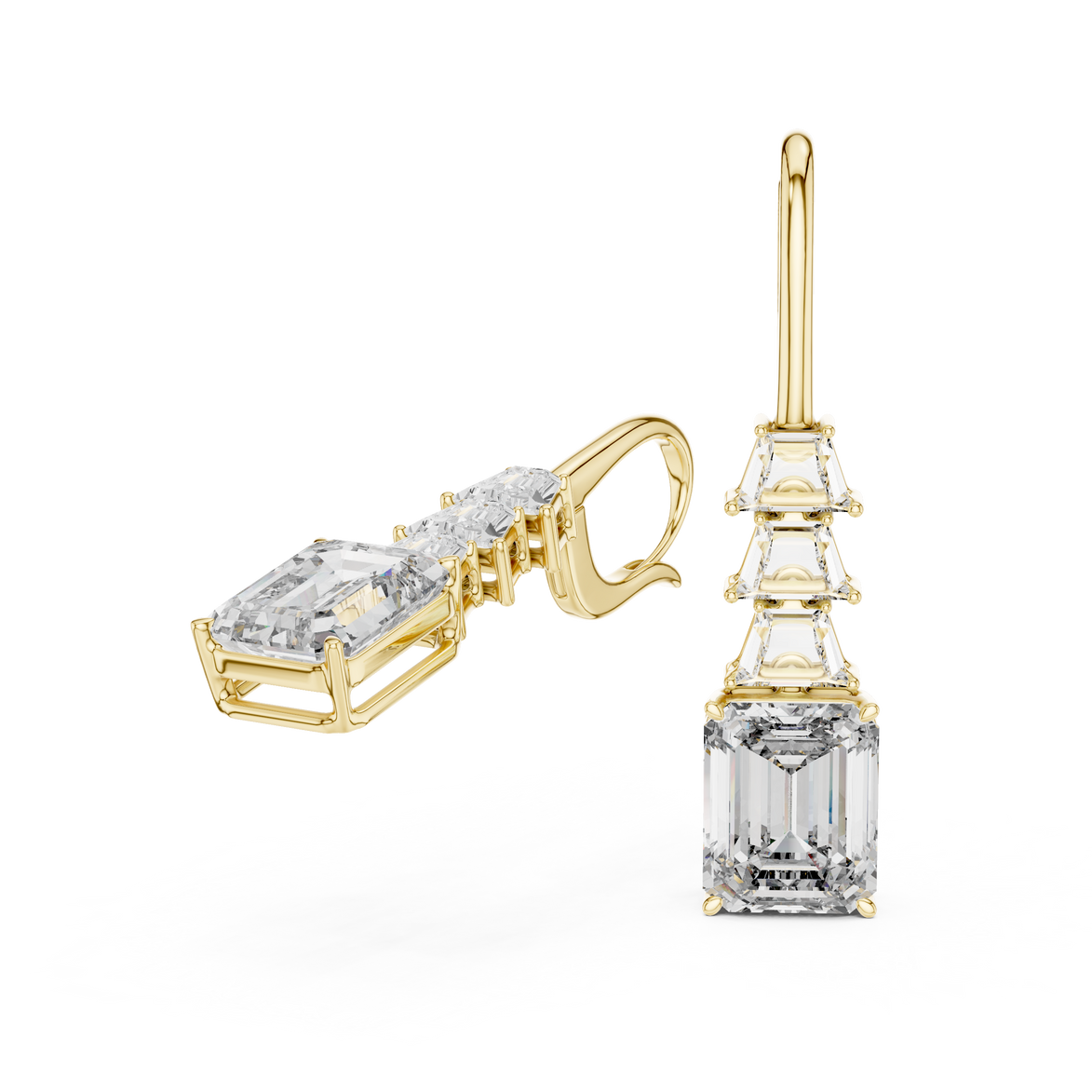 Gold emerald cut diamond drop earrings for women