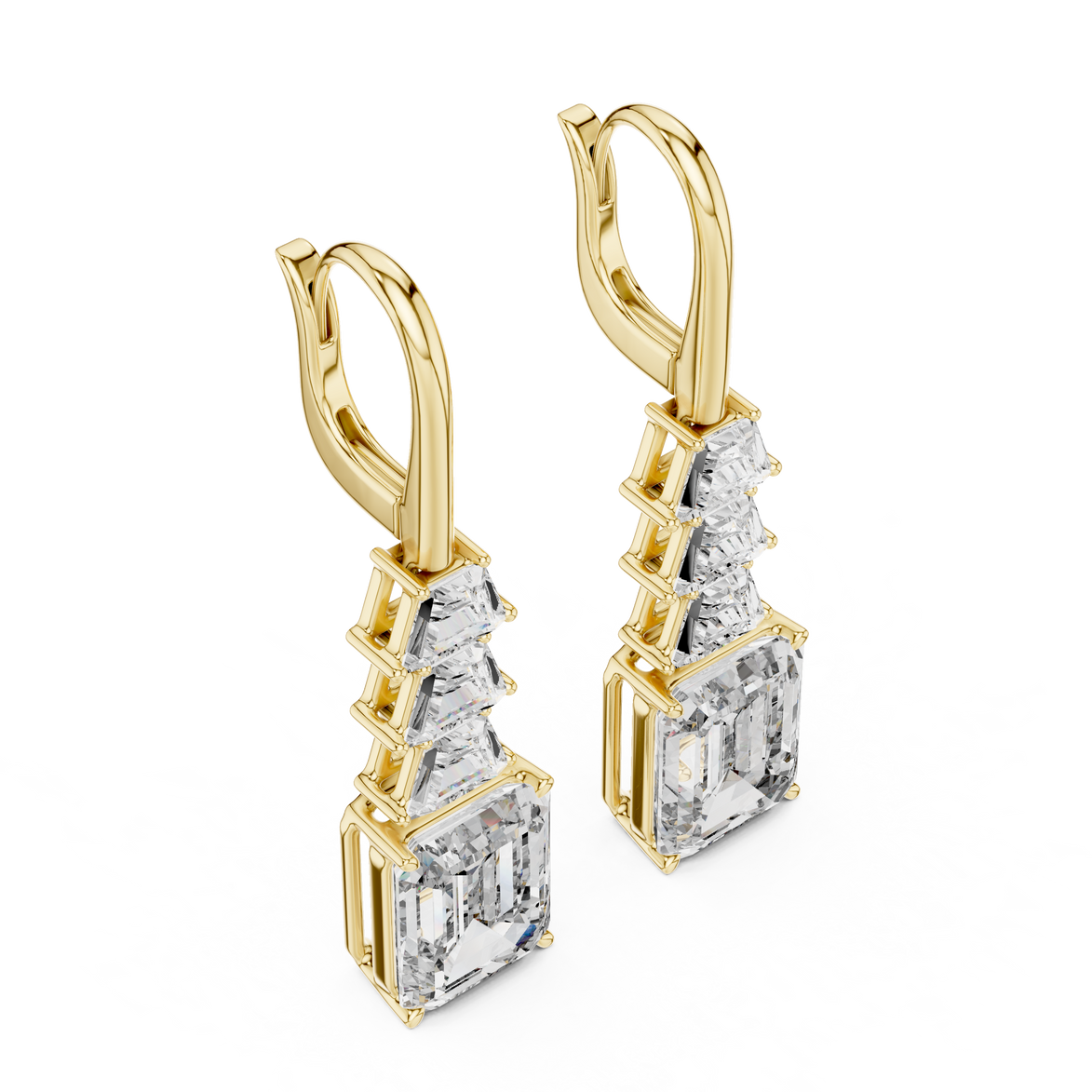 Gold emerald cut diamond drop earrings for women