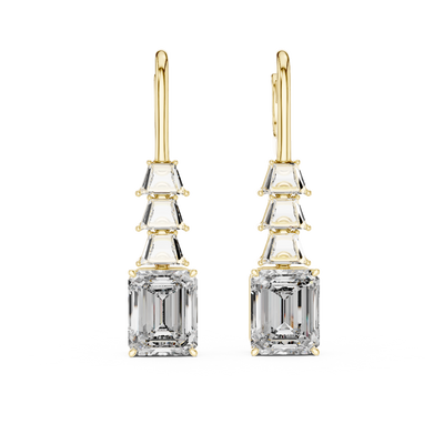 Front view of Elite Elegance emerald cut diamond drop earrings in yellow gold.