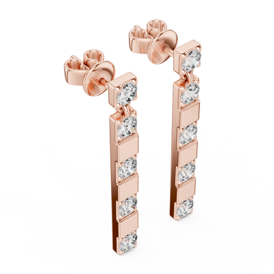 Side profile of rose gold alternating diamond and vertical gold bar earrings.