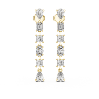 Front view of Celestial multi-shape diamond drop stud earrings in yellow gold.