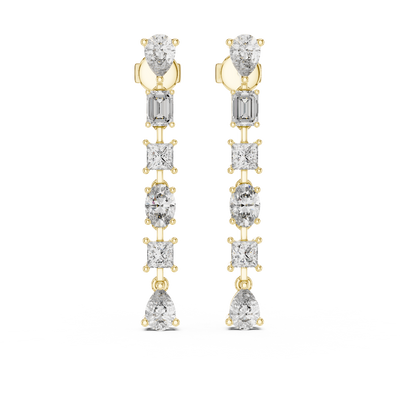 Front view of Celestial multi-shape diamond drop stud earrings in yellow gold.