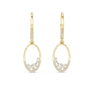 Front view of Luna Cascade diamond drop hoop earrings in yellow gold.