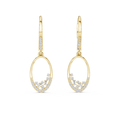 Front view of Luna Cascade diamond drop hoop earrings in yellow gold.
