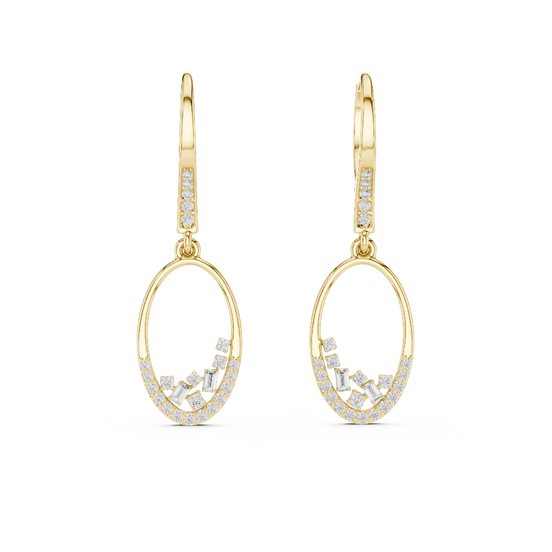 Front view of Luna Cascade diamond drop hoop earrings in yellow gold.