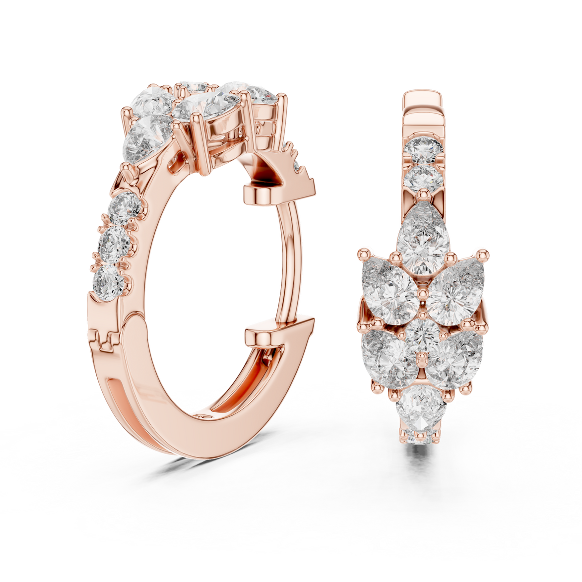 Pear diamond huggie hoop earrings in gold with round and pear shaped CVD diamonds by Signora Jewels