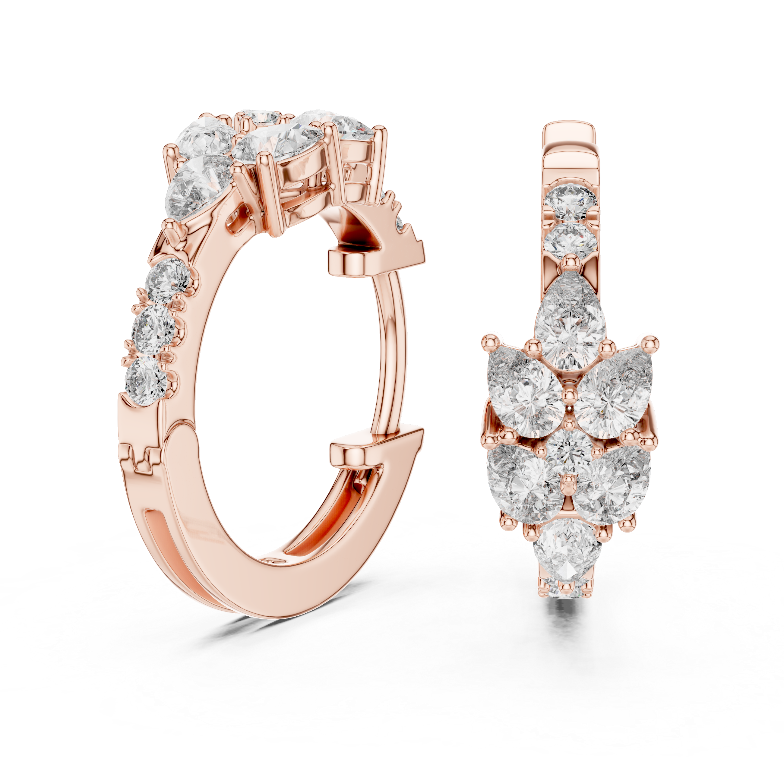 Pear diamond huggie hoop earrings in gold with round and pear shaped CVD diamonds by Signora Jewels