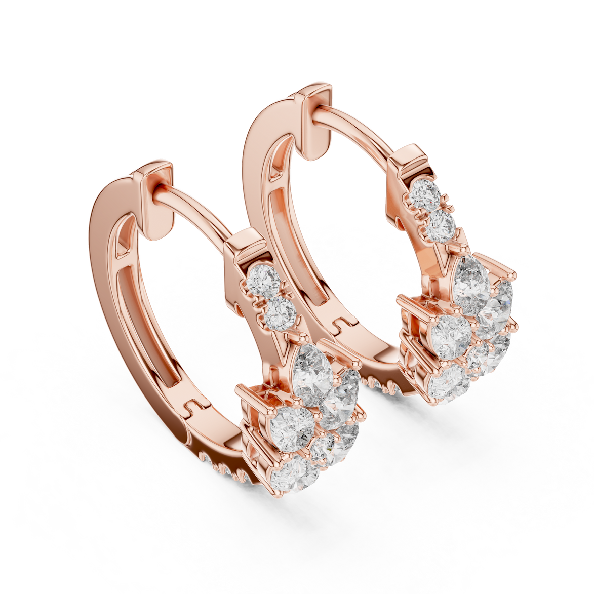 Pear diamond huggie hoop earrings in gold with round and pear shaped CVD diamonds by Signora Jewels