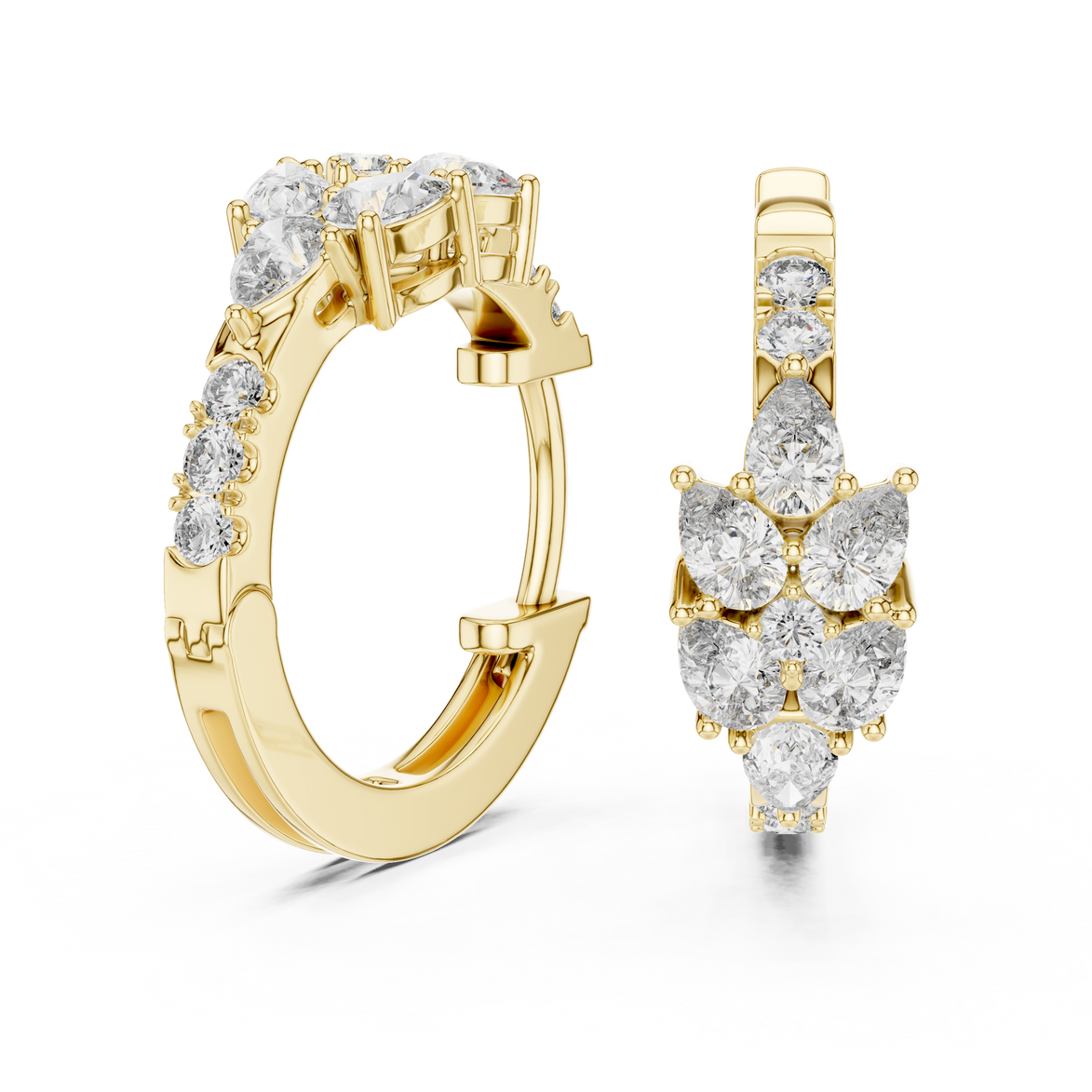 Pear diamond huggie hoop earrings in gold with round and pear shaped CVD diamonds by Signora Jewels