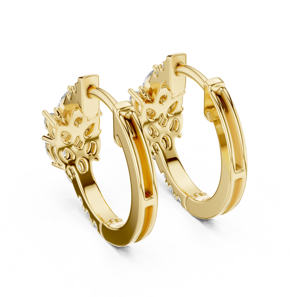 Pear diamond huggie hoop earrings in gold with round and pear shaped CVD diamonds by Signora Jewels