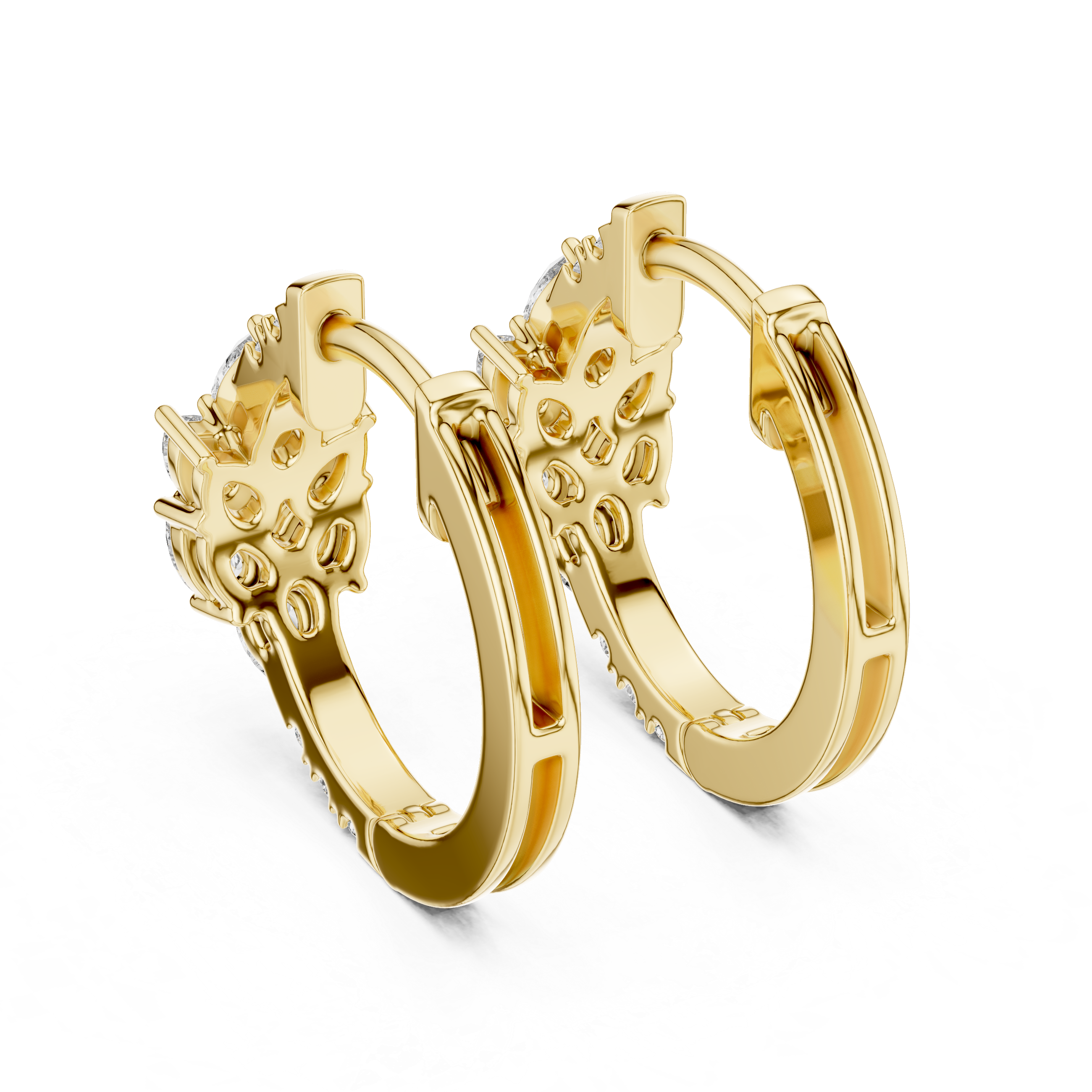 Pear diamond huggie hoop earrings in gold with round and pear shaped CVD diamonds by Signora Jewels
