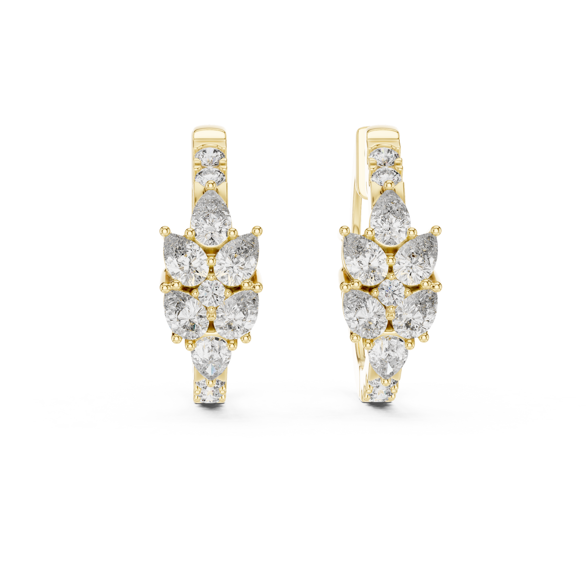 Pear diamond huggie hoop earrings in gold with round and pear shaped CVD diamonds by Signora Jewels