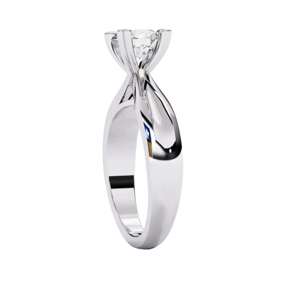 Side profile view of a white gold round heart prong solitaire engagement ring.